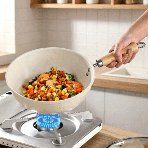 Wok de Cerámica Blanca FLEY, Sartén Antiadherente con Mango de Madera y Tapa de Vidrio, Apto para Cocina de Gas, para el Hogar - Product Image 2