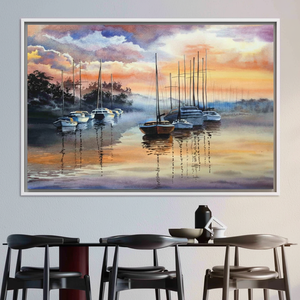 Printed <b>Canvas</b>: Abstract Seascape with Sunset Sailboats,WHITE <b>FRAMED</b> <b>CANVAS</b> - Product Image 3