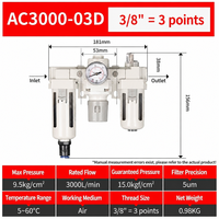 Unité combinée FRL en alliage d'aluminium 3/8 pouce avec purgeur automatique, filtre à air pneumatique, régulateur et lubrificateur, précision de filtration 5 µm, 3000 L/min