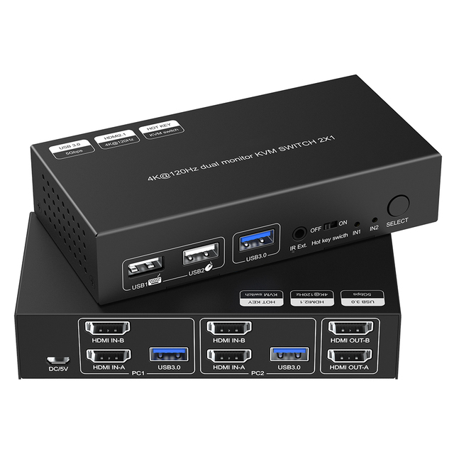 8K HDMI Dual Monitor KVM Switch 2x1 USB3.0 Support 8K60Hz 4K120Hz for Office & Gaming