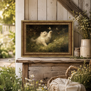 Cuadro en Lienzo con Marco Dorado Vintage Ornamentado, Pintura al Óleo de Gatito Blanco Esponjoso Perseguiendo Mariposas, Decoración Rústica para Cabaña en la Pradera, OEM ODM - Product Image 2