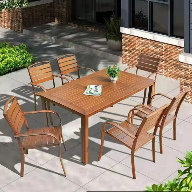 2023 nouveau produit usine vente en gros jardin extérieur bois-plastique salle à manger 6 sièges wpc table top meubles ensemble