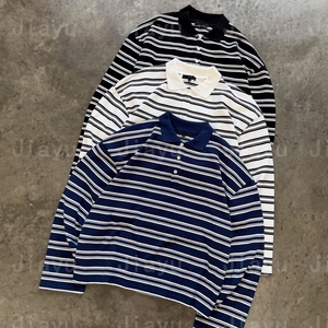 Venta al por mayor peso pesado Vintage Spandex <span class=keywords><strong>Rugby</strong></span> rayas Polo <span class=keywords><strong>manga</strong></span> <span class=keywords><strong>larga</strong></span> Streetwear Jersey hombres personalizado rayas Polo camisa para hombres - Product Image 2