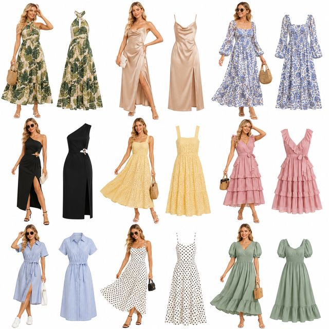 New Arrival Strapless Solid Casual Summer Midi Dresses Women Fashion A-Line Silhouette Ruffle Hem Natural Waist Puff Sleeve