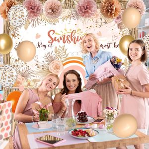Decoraciones Boho para Baby Shower en Color Beige Dorado Champán para Otoño |   Fondo Boho con Globos y Pompones para Niña, un Pequeño Rayo <span class=keywords><strong>de</strong></span> <span class=keywords><strong>Sol</strong></span> - Product Image 5