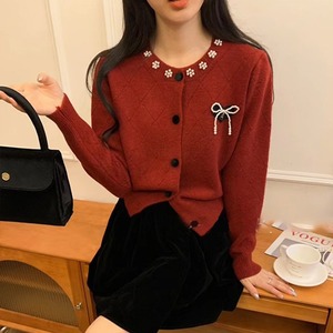 2024 Mùa Thu Mới Đến Crew Cổ Dài Tay Áo Cardigan Duy Nhất Ngực Beading Bow Phụ Nữ Áo Len Áo - Product Image 2