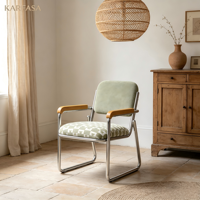 Fauteuil cantilever à cadre chromé, tissu rayé, style moderne du milieu du siècle, accoudoirs en bois pour salon, café, bureau