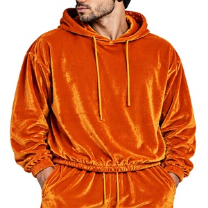 Orange Velvet Eco-Friendly Tracksuit <b>Two</b> <b>Piece</b> Hoodie Jogger <b>Set</b> Drawstring Front Solid Color Casual Winter <b>Lounge</b> Outfit - Product Image 1