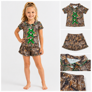 Conjunto de Verano para Niña GSSO3365 RTS, Estampado de Hojas Verdes y Lazos, Spandex/Algodón, Manga Corta, Venta al Por Mayor - Product Image 1