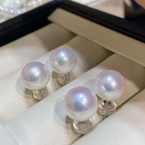 S925 Sterling <b>Silver</b> Pearl <b>Stud</b> <b>Earrings</b>, 9-10mm Aurora Edison Freshwater Pearl, Near Round, Minor Blemish at Bottom for women - Product Image 3