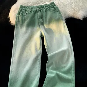 Jins warna gradien pria, jalan tinggi desain kaki lurus dengan rasa cuci Niche membuat celana panjang lama bergaya