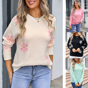 Pull en tricot à fleurs pour femmes, manches longues, col rond, printemps automne, vêtements décontractés, Smlxl, blanc, noir, vert, rose - Product Image 1
