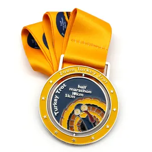 Lembrança medalhão giratória, lembrança do fabricante de esmalte de metal personalizado 5km 10km meia maratona corrida com fita