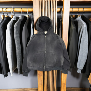 Tùy Chỉnh Chất Lượng Cao Thời Trang Phố Áo Lông Cừu Trống up Cổ Điển Hai Lớp Axit Rửa Mặt Trời Faded Đau Phạt Túi Hoodies - Product Image 2