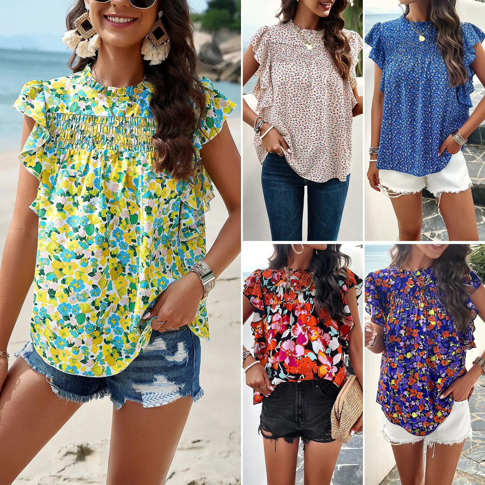 Wholesale Fashion New Boho Frilly O Neck Short Sleeve Floral Elegant Blouses And Shirts For Women