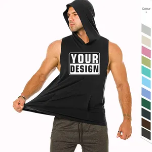 Wholesale Custom Design Screen Print Sleeveless Shirt Workout Gym Hoodie For Men With Pocket