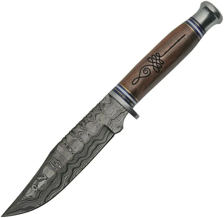 Beautiful Sizzco Damascus Steel Fixed Blade Hunting Camping Skinner Knife Handle Engraved Rose Wood With Steel Clip