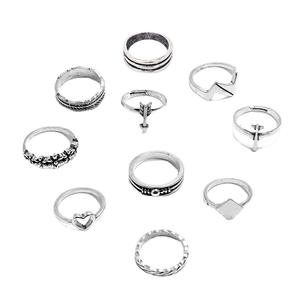 Fashion <b>Rings</b> Set 10pcs <b>Silver</b> Plated Heart Arrow <b>Feather</b> Flower Square Bohemia Style Women's Daily Wear Gift Jewelry - Product Image 5