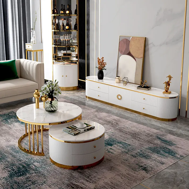 Salon de luxe or brillant en acier inoxydable dessus en marbre meuble TV et table basse ensemble meubles d'armoire