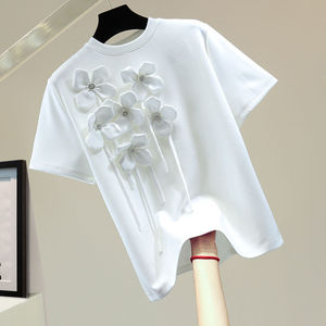 Camiseta de manga corta con borlas y flores para mujer, top elástico de cuello redondo, holgado y de ocio, a la moda. - Product Image 1