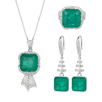 Parure de bijoux vintage en cuivre plaqué or avec émeraude taillée géométrique pour femme (boucles d'oreilles, collier, bague)