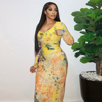 Robe longue moulante Solar Symphony Saffron Blotted Amber Shade à col rond et manches fuselées