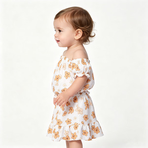 A26-3 Casual 3-7 Day OEM/ODM Custom Print Organic Cotton Short Sleeve <b>off</b> <b>the</b> <b>Shoulder</b> <b>Top</b> and Dress Baby Set - Product Image 3