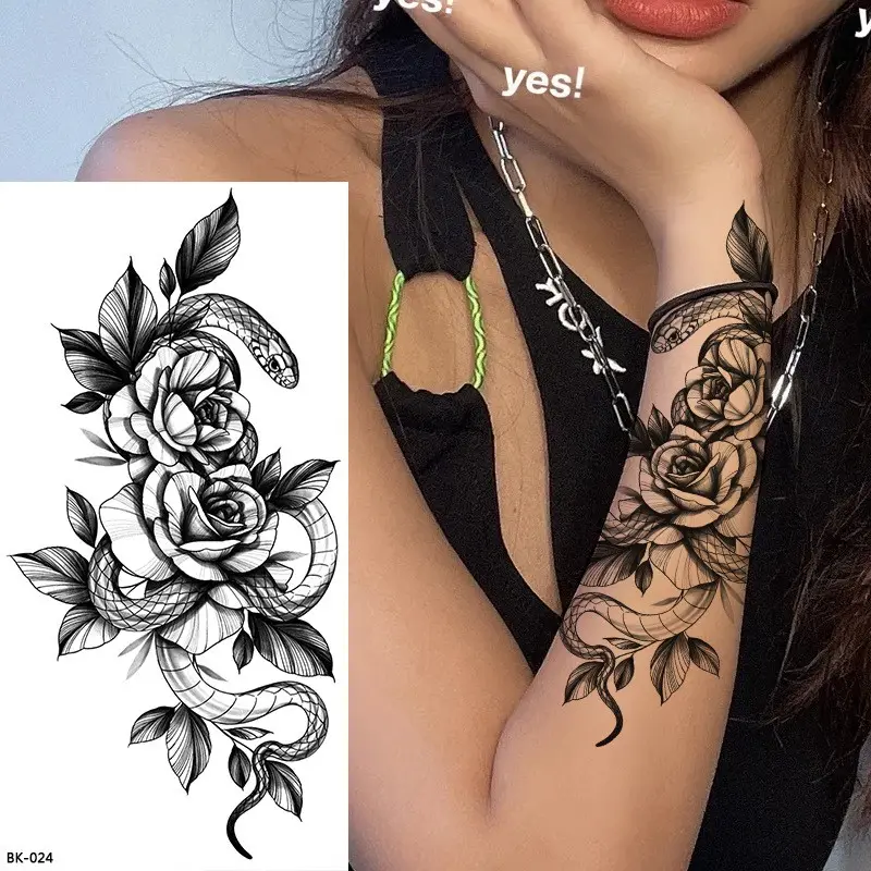 Bloem Tijdelijke Tattoo Schets Tattoo Sticker Rose Zwart-Wit Tattoo Sticker