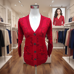 Cardigã Elegante de Inverno para Mulheres Idosas com Decote em V e Estampa Floral em Jacquard para Uso Diário - Product Image 2