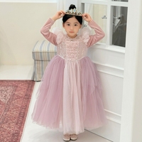 Robe longue de princesse rose pour enfants avec manches longues et tissu transparent, robe de soirée, robe de fête d'anniversaire, ensemble de robes pour filles