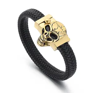 Edelstahl Skelett kopf Punk Schmuck Vergoldeter Schädel Charm Geflochtenes schwarzes Leder Handgemachtes Armband Herren