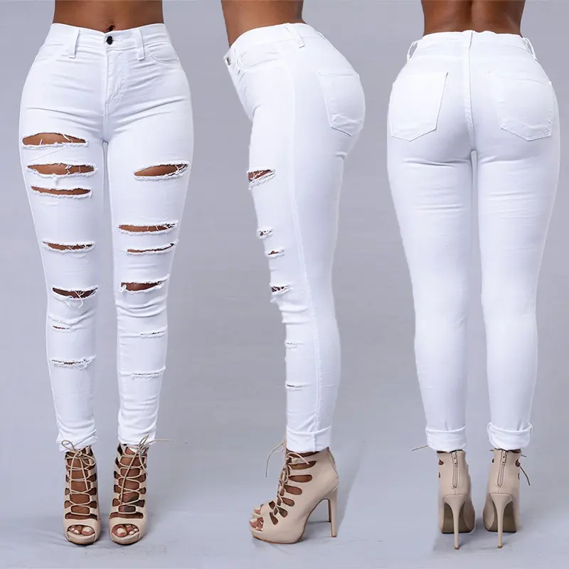 Hot-Sale Zomer Witte Gat Gescheurde Jeans Vrouwen Jeggings Cool Denim Hoge Taille Skinny Potlood Broek Jeans Broek