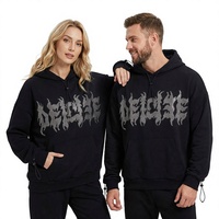 Sweat-shirt à capuche unisexe noir, imprimé en relief, coupe ample, style streetwear, 100% coton, tissu éponge français, écologique, vêtement d'automne