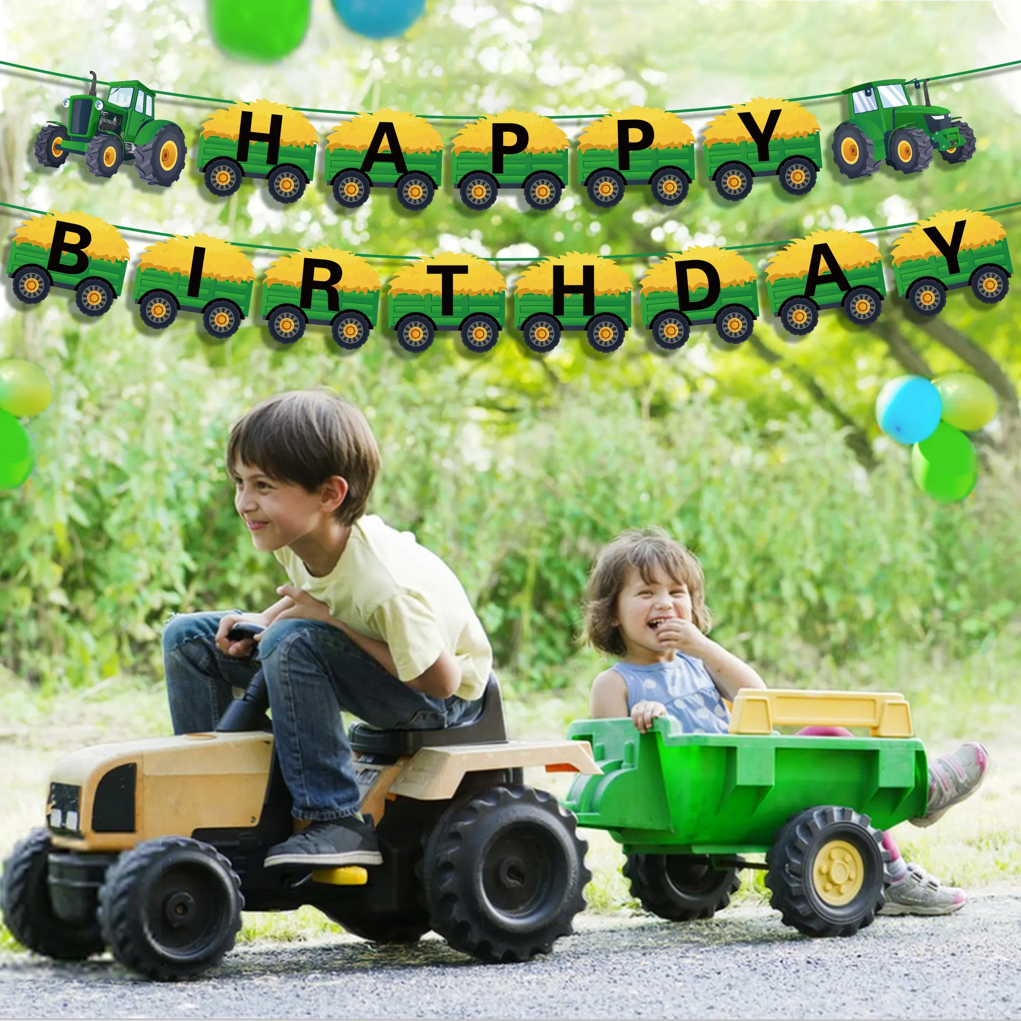Huancai – tracteur vert joyeux anniversaire, guirlande de bannière, banderole de papier de fête à la ferme pour enfants, fournitures de fête d'anniversaire