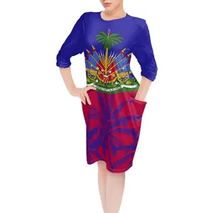 Платье с принтом флага Гаити для женщин, новинка 2022, модные женские повседневные свободные платья-футболки до колена с длинным рукавом и карманами