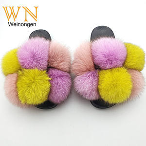 2022 luxe dames réel Rex lapin fourrure pompons EVA semelle extérieur Pompon Furball sandales mode naturel fourrure de renard pantoufles - Product Image 2