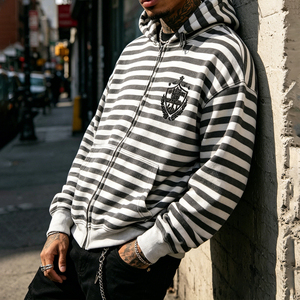 Vêtements sur mesure, sweat à capuche oversize zippé pour homme, haute qualité, 100% coton, logo brodé, design imprimé rayé, fabricant de sweats à capuche - Product Image 2