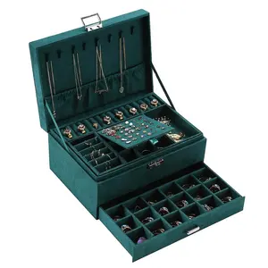 Le rangement des bijoux pour femmes est beau pratique équipé d'une boîte en velours vert à 3 couches une grande boîte de rangement pour présentoir à bijoux