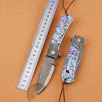 Couteau pliant de poche en acier de Damas, manche en laiton, coquille d'ormeau, pour le camping en plein air, cadeau pour collectionneur