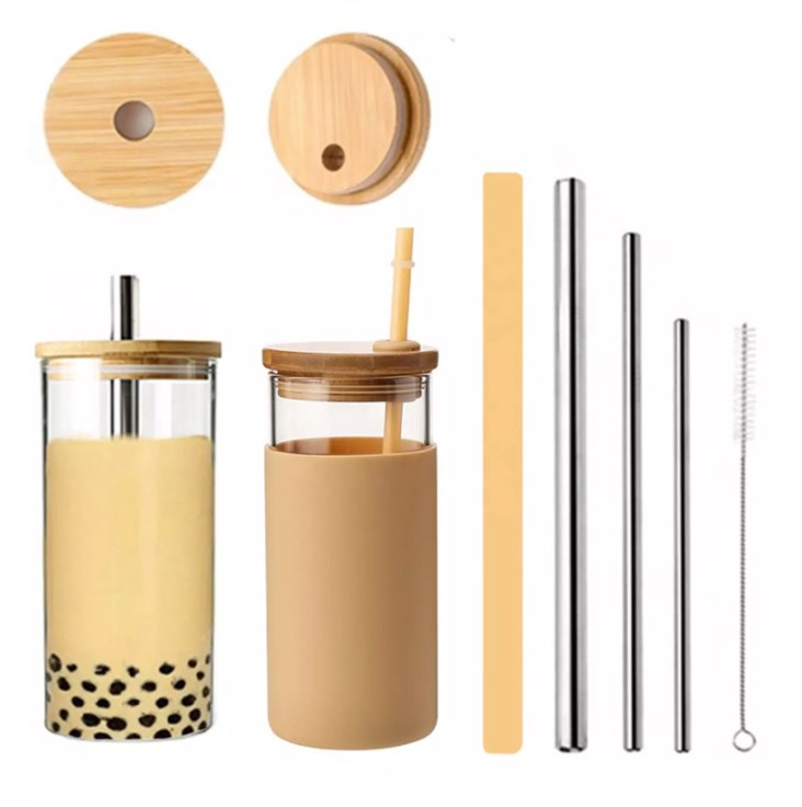 20oz Glass Tumbler Glass Water Bottle Straw Silicone Protective Sleeve Bamboo Lid