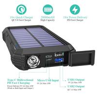 Banque d'alimentation portable 20000mAh Chargeur solaire PD18W QC 3.0 Charge rapide 10W/7.5W/5W Charge sans fil Lampe de poche étanche Micro USB