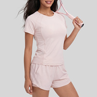 Ensemble athlétique 2 pièces respirant en maille pour femme, séchage rapide, haut à col rond et manches courtes, et short de course ample