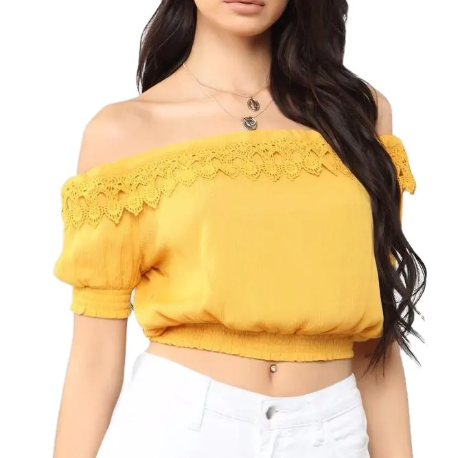 KY Wholesale-Top corto de manga corta con hombros descubiertos para mujer, Tops con detalles de ganchillo para mujer, soporte completo para mujer, Tops sólidos de gasa para adultos