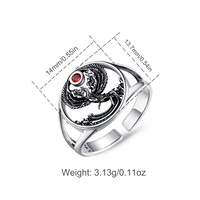 Anillo Abierto Ajustable de Plata de Ley S925 con Fénix Oxidado, Joyería Fina Espiritual Vintage con Circonita Cúbica Roja