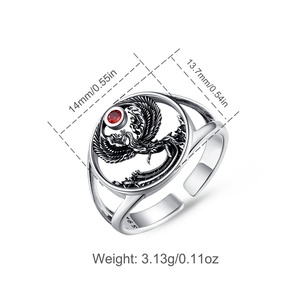 Bague ouverte réglable en argent sterling S925 oxydé, phénix, vintage, bijoux spirituels raffinés avec zircone cubique rouge - Product Image 2
