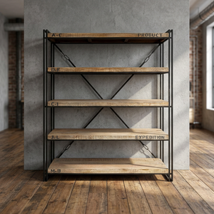 Industrial & Vintage Home Furniture Modular Eco-Friendly General Use Iron Metal & <b>Solid</b> Mango <b>Wood</b> 5 Tier Book Shelf - Product Image 2