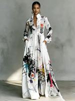 Robe bohème de haute qualité en coton mélangé pour femmes, col montant, manches longues, imprimé, longueur au sol, robe de vacances avec poches latérales