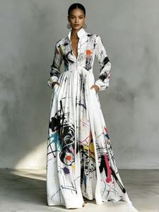 Abito Bohémien di Alta Qualità in Misto Cotone per Donne, Collo Alto, Maniche Lunghe, Stampa, Lunghezza <span class=keywords><strong>a</strong></span> Terra, Abito da Vacanza con Tasche Laterali - Product Image 6