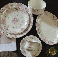 Vintage Pembe Gül Çiçek Desenli Seramik Yemek Takımı Şık Porselen Tabak Fincan Tabağı Düğün Restoran Toptan Satış