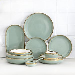 Service de vaisselle de luxe en porcelaine céramique vert clair avec bord doré de haute qualité pour la cuisine - Product Image 1